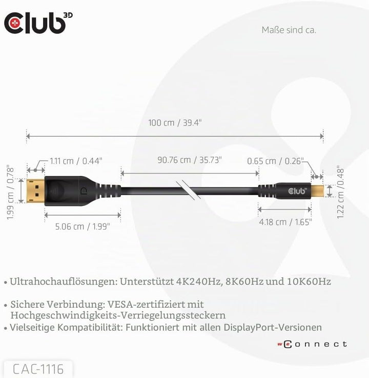 Club3D CAC-1116 MiniDisplayPort to DisplayPort DP80 Bidirectional Vesa Certified Cable 1m/ 3.28 ft,
