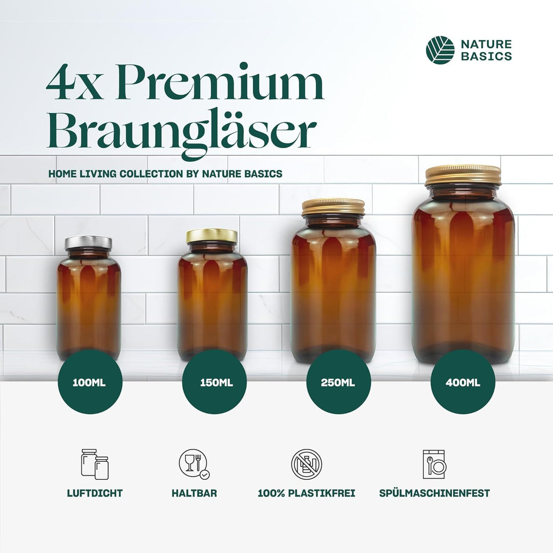 Vorratsdosen Glas Set - 4 x 250 ml/Braungläser mit Gewinde und dicht schliessendem Aludeckel/zur Auf