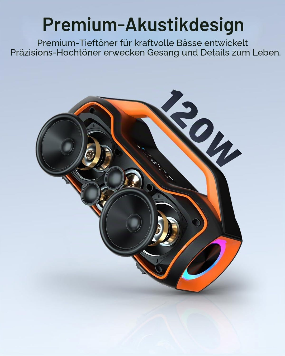 Bluetooth Lautsprecher Tragbare Musikbox,120W Peak Spitzenleistung, Bass Boost 2 * Subwoofer IP65 Wa