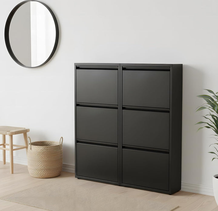 Dynamic24 XL Pisa 6 Klappen schwarz – Schuhschrank – B101 x H106 x T16 cm – Metall pulverlackiert –