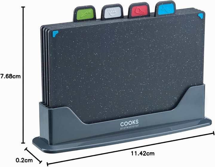 Cooks Professional Index Schneidebrettset Vier Schneidebretter aus Kunststoff mit Aufbewahrungskoffe