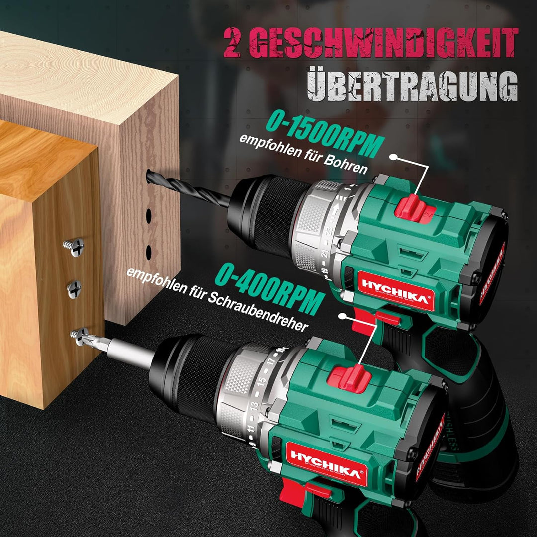 HYCHIKA 16.8V Akkuschrauber & Bohrmaschine Set, Bürstenloser Motor, 45Nm Max, 23+1 Drehmoment, 53-te