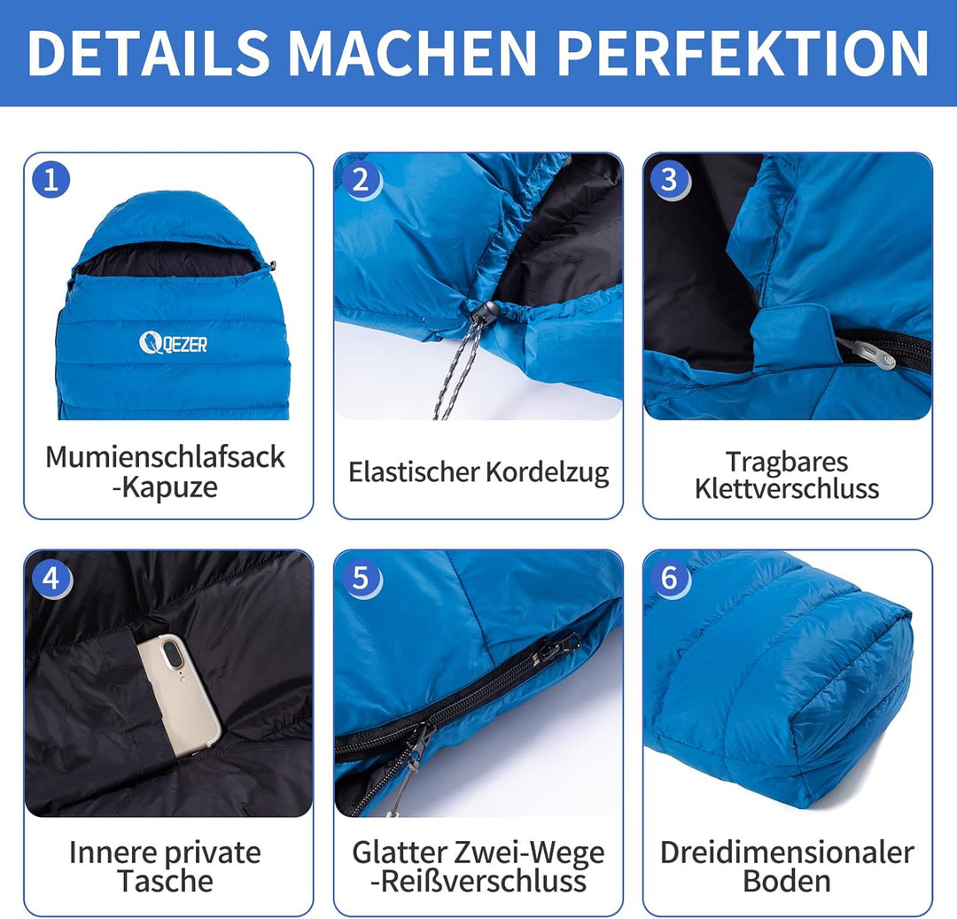 Daunenschlafsack, Schlafsack Ultraleicht, 600FP+ Premium Daunen, Geeignet für Winter/Sommer, geeigne