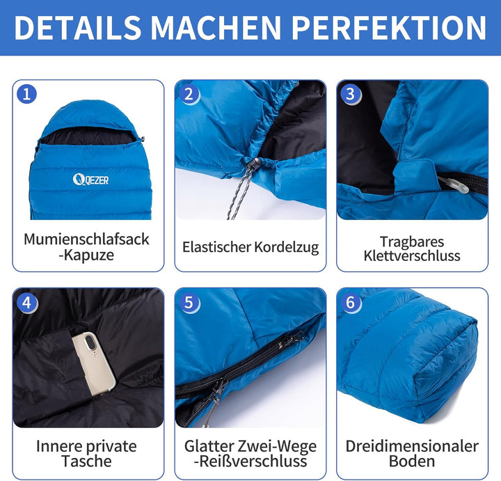 Daunenschlafsack, Schlafsack Ultraleicht, 600FP+ Premium Daunen, Geeignet für Winter/Sommer, geeigne