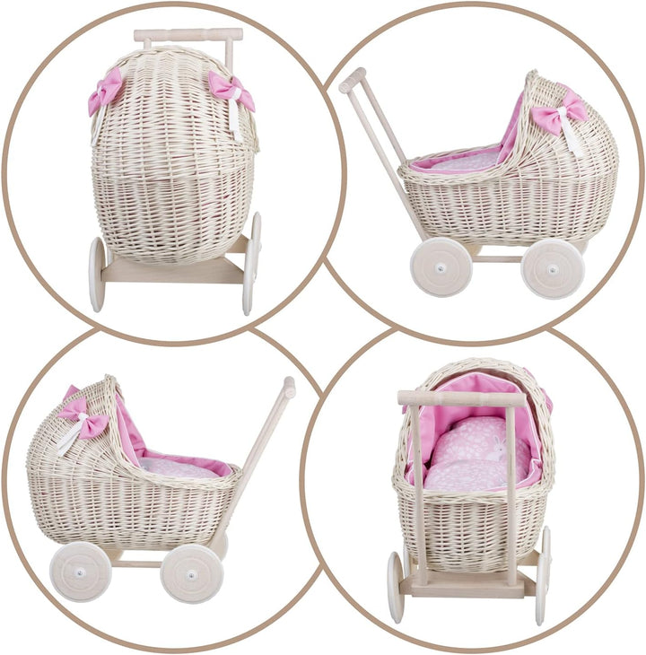 Puppenwagen aus Weide mit Bettwäsche - perfekte Geschenkidee - Korbpuppenwagen, schöner Spielzeug au