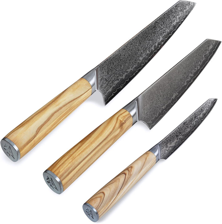 Wakoli Damast 3er Messer-Set Kiritsuke mit Klingen von 11 bis 20 cm extrem scharf aus 67 Lagen I Pro