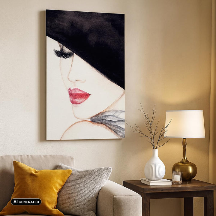 Bilder auf Leinwand Frau Lippen Hut Eleganz Leinwandbild mit Rahmen 45x80cm Wandbilder Dekoration Wo