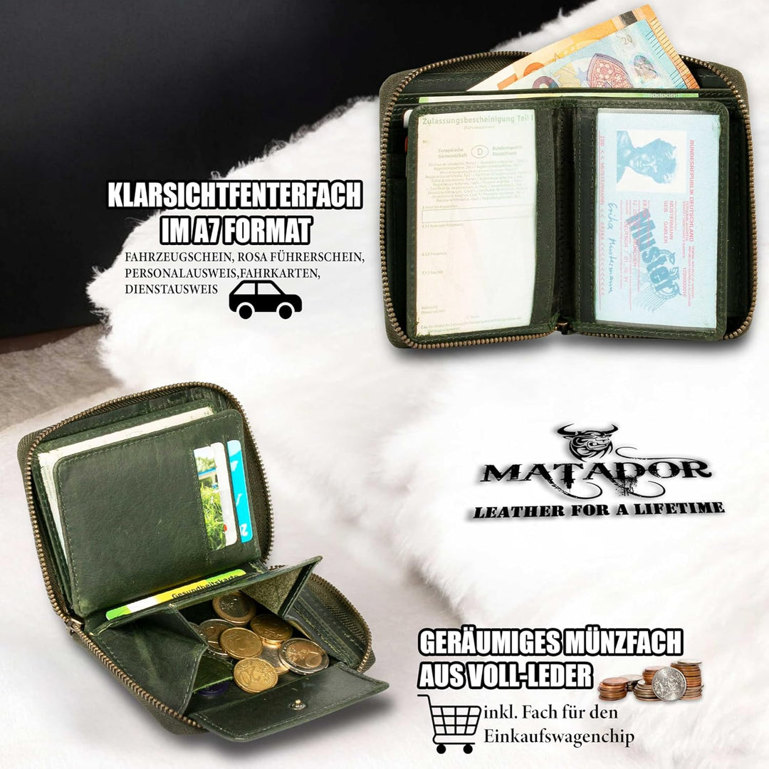 MATADOR® Granada Echt Leder Geldbörse Damen Portemonnaie Herren Geldbeutel Reissverschluss mit TüV g