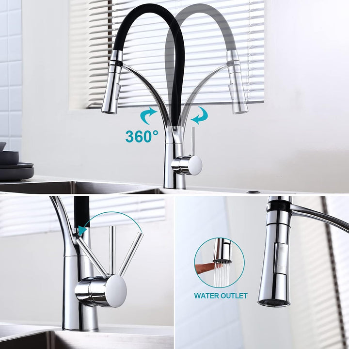 Achelous Wasserhahn Küche Schwarz, Küchenarmatur mit 360° Drehbar Schwarzer Silikon Weichschlauch, 2