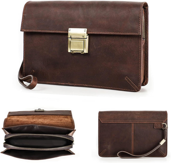 Contacts Herren-Leder-Clutch Geschäftsreise Reissverschluss-Clutch mit Zahlenschloss Lange Retro-Bri