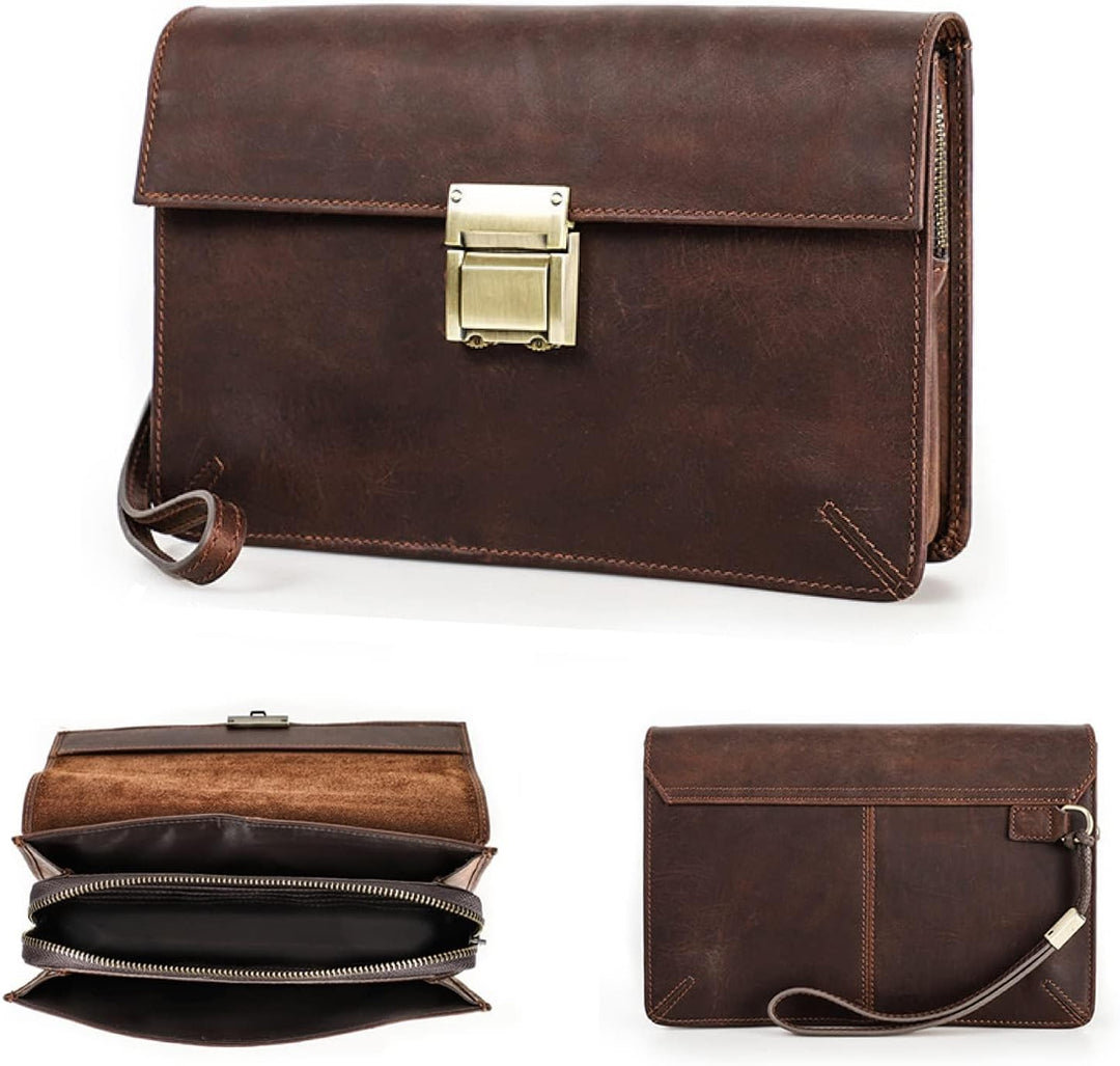 Contacts Herren-Leder-Clutch Geschäftsreise Reissverschluss-Clutch mit Zahlenschloss Lange Retro-Bri