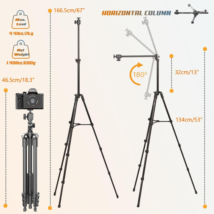 Handy Stativ, 167 cm Horizontal iPhone Stativ mit 360° Verstellbarem Kugelkopf und Fernbedienung für