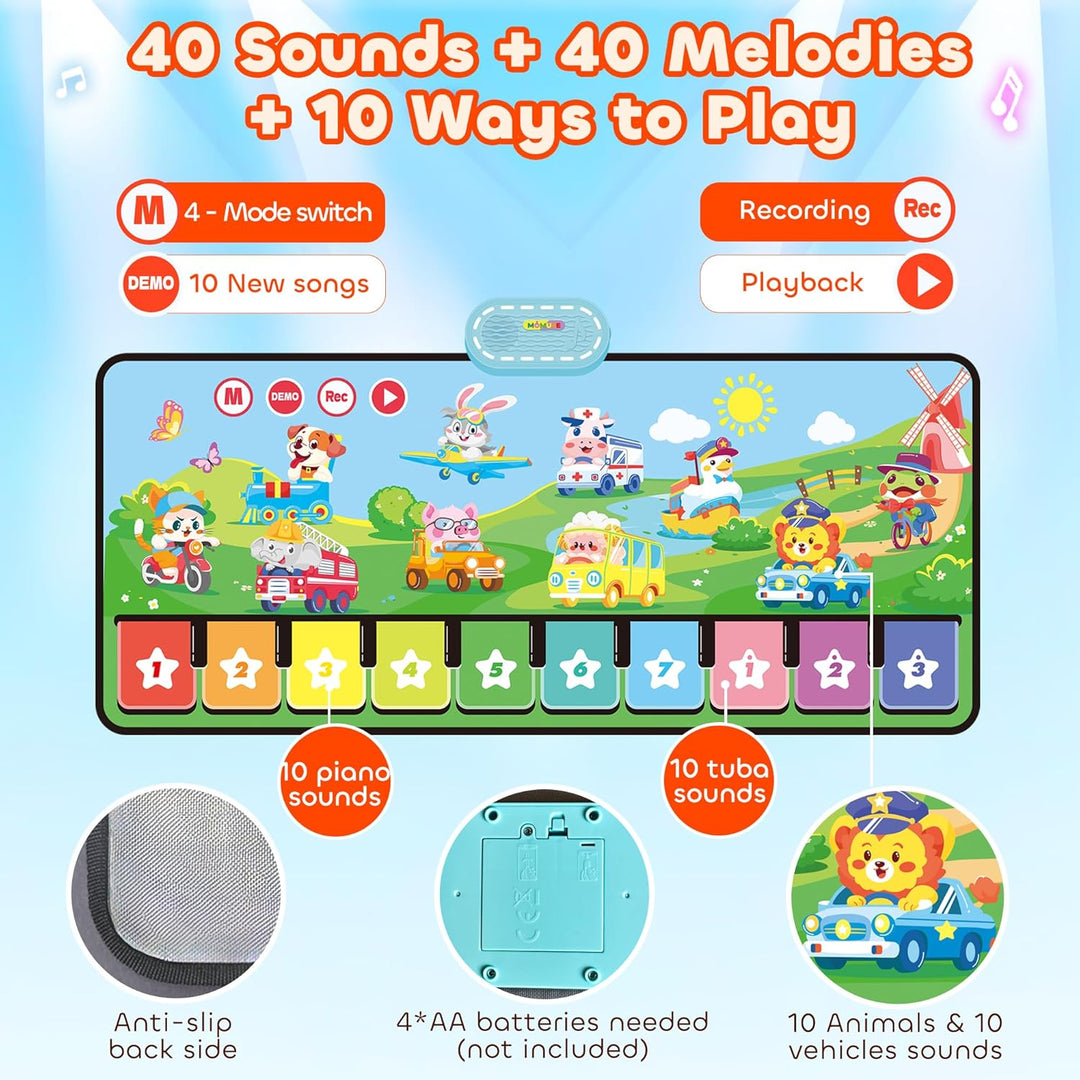 MOMUSE Baby Spielzeug ab 1 Jahr mit 80 Tönen, Grosse Musikmatte mit 10 Tiere &amp; 10Autos, Klaviermatte