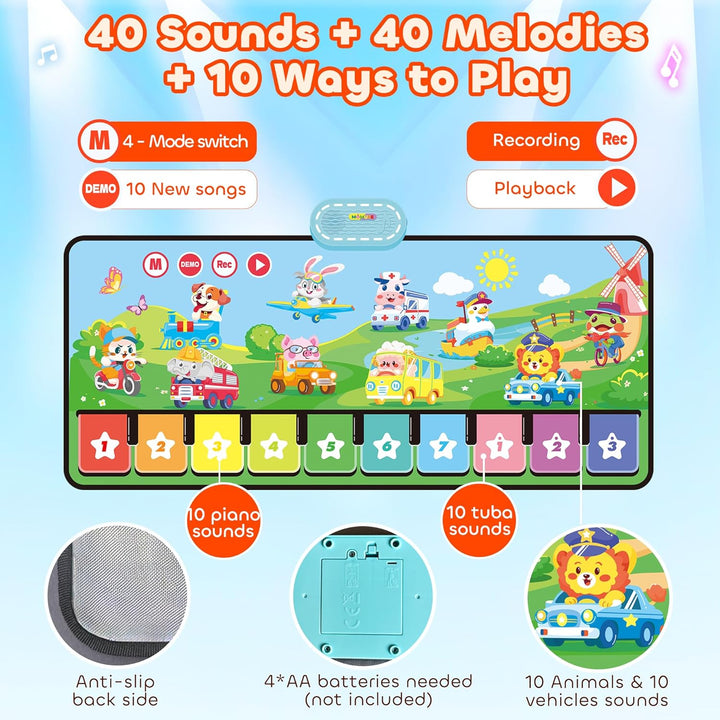 MOMUSE Baby Spielzeug ab 1 Jahr mit 80 Tönen, Grosse Musikmatte mit 10 Tiere &amp; 10Autos, Klaviermatte