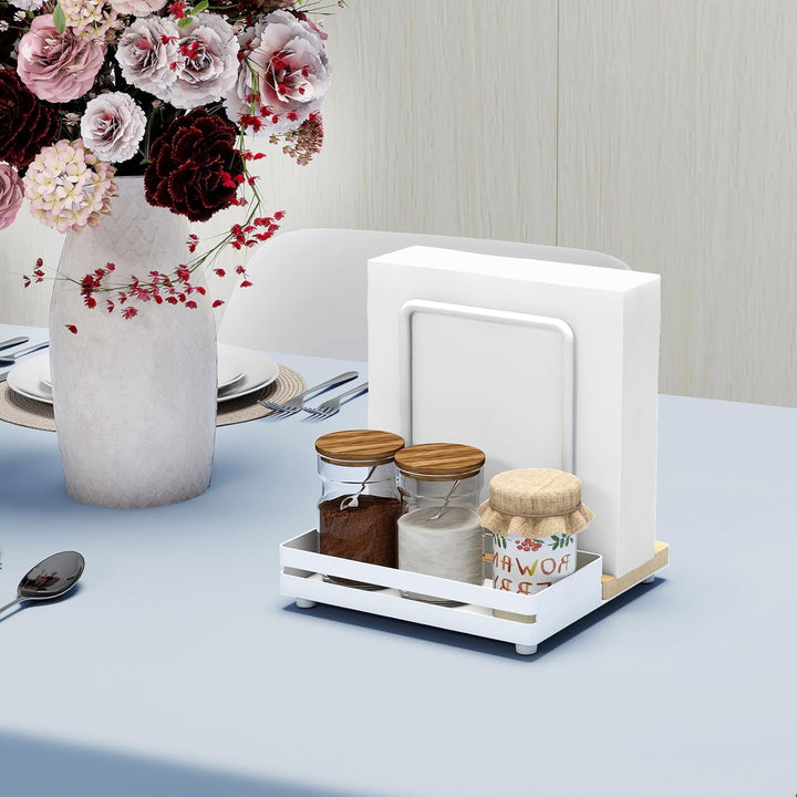 Serviettenhalter Weiss,Serviettenhalter aus Metall & Holz Serviettenspender mit Caddy für Tisch Küch