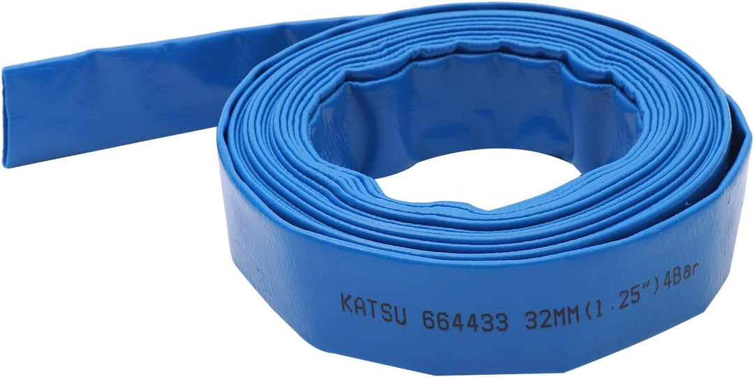 KATSU Flachschlauch Ablaufschlauch 10 m x 32 mm, mit 2 Clips und Schnellkupplungsanschluss, Passend