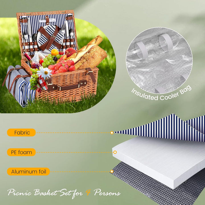 Picknickkorb,Picknickkorb 4 Personen mit Grossem Isoliertem Kühlfach und wasserdichte Picknickdecke,