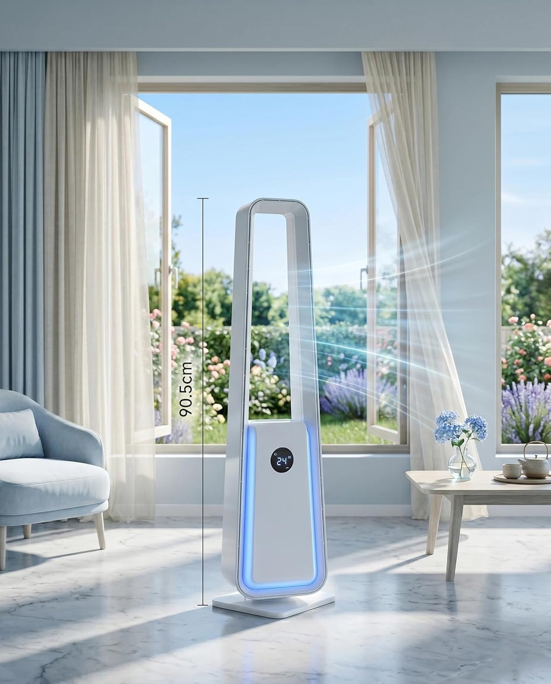Rotorloser Turmventilator sehr leise mit Fernbedienung : 24 Geschwindigkeiten, 3 Modi, 75° Oszillati