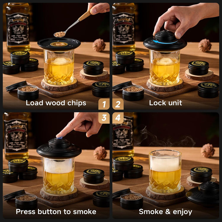 ComboJoy Elektrisches Whisky-Räucherkit mit LED, 6 Aromaholzspäne, Whisky-Glas & Eisform, wiederaufl