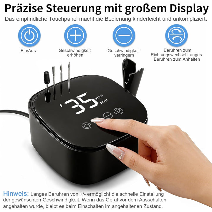 Nagelfräser für Gelnägel 35000 U/Min, Touch-Bedienung 35W, LED Display Elektrische Fräser Maniküre P
