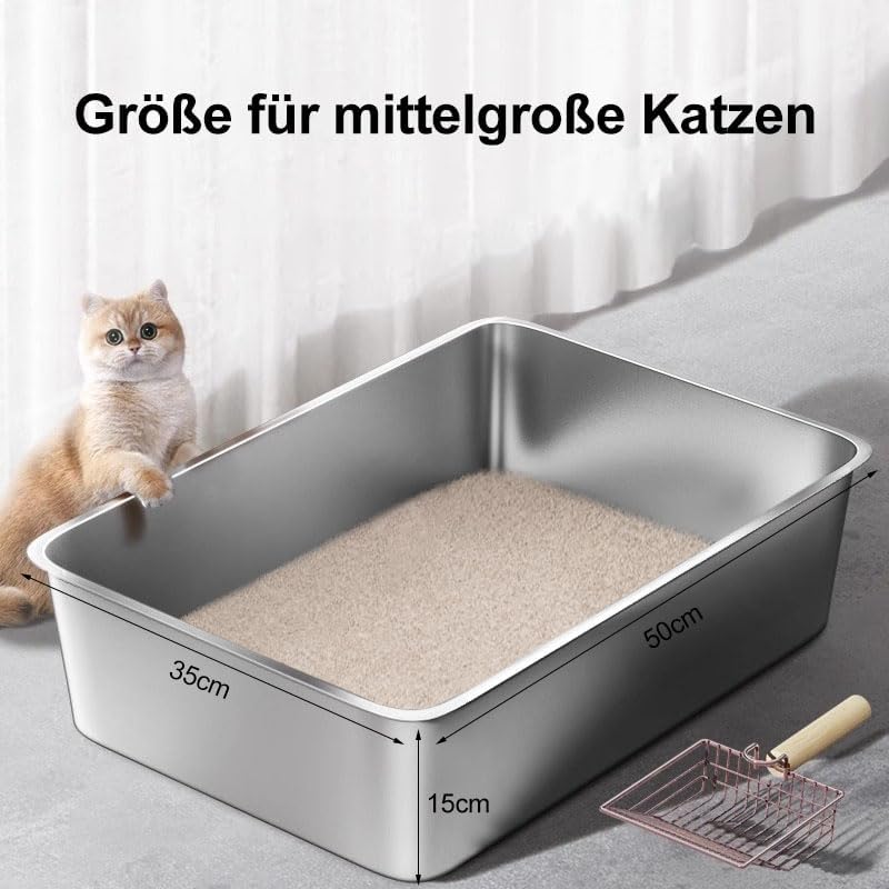 Edelstahl Katzenklo Katzentoilette, Metall Katzenklo für Grosse Katzen, 50 x 35 x 15 cm, Offen Katze