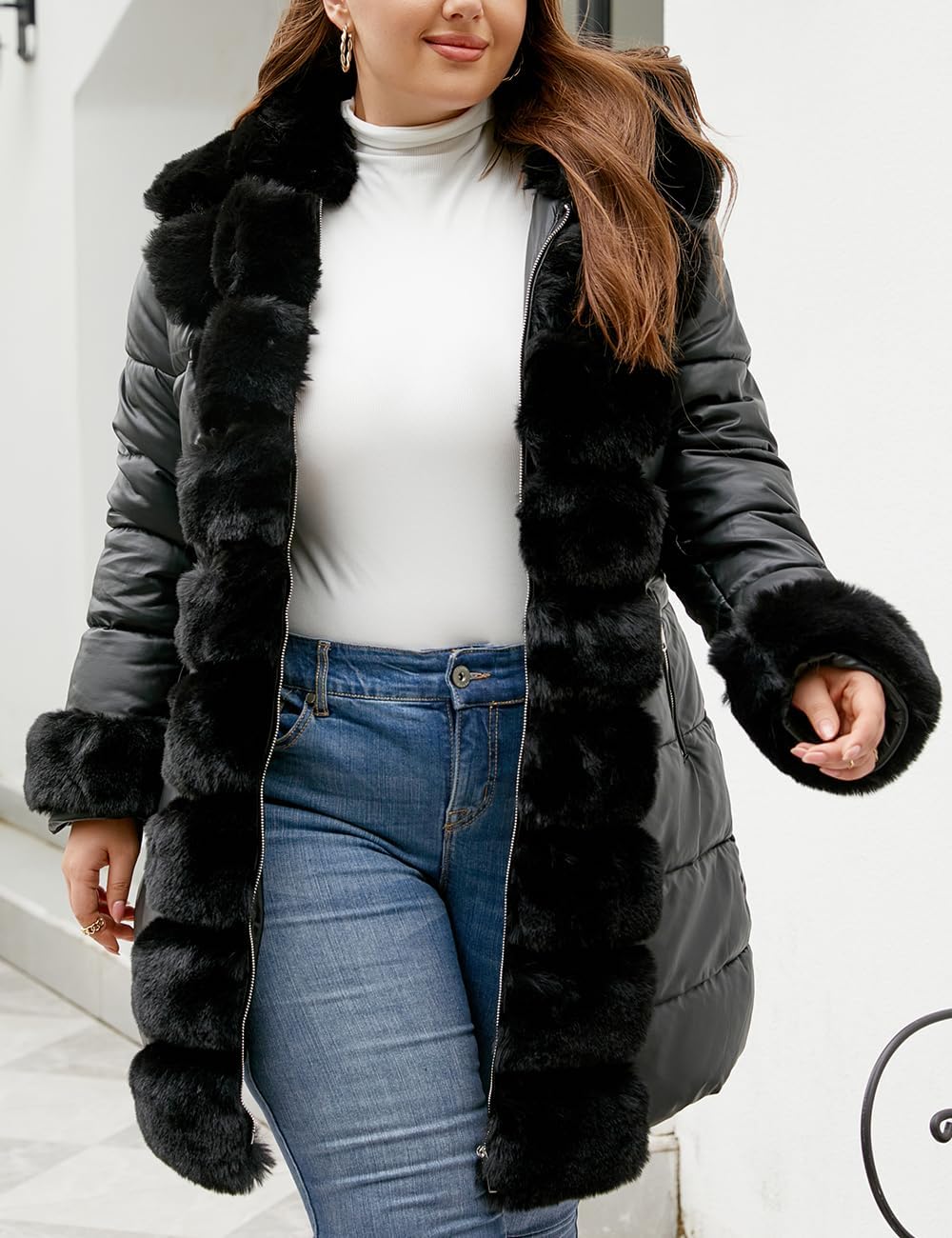 Geschallino Damen Grosse Grössen Gesteppt Leicht Winter Lang Steppmantel mit Kapuze (XL-5XL) XL Schw