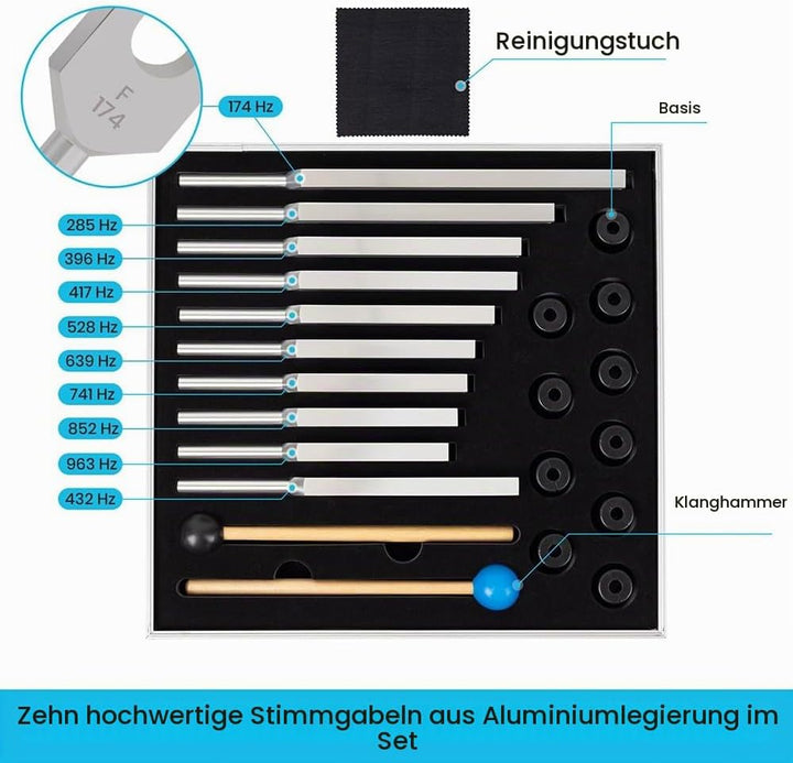 Stimmgabel,Stimmgabel Neurologie, 10er Set mit Sockel + 2 Silikonhämmer und Reinigungstücher, Ideale