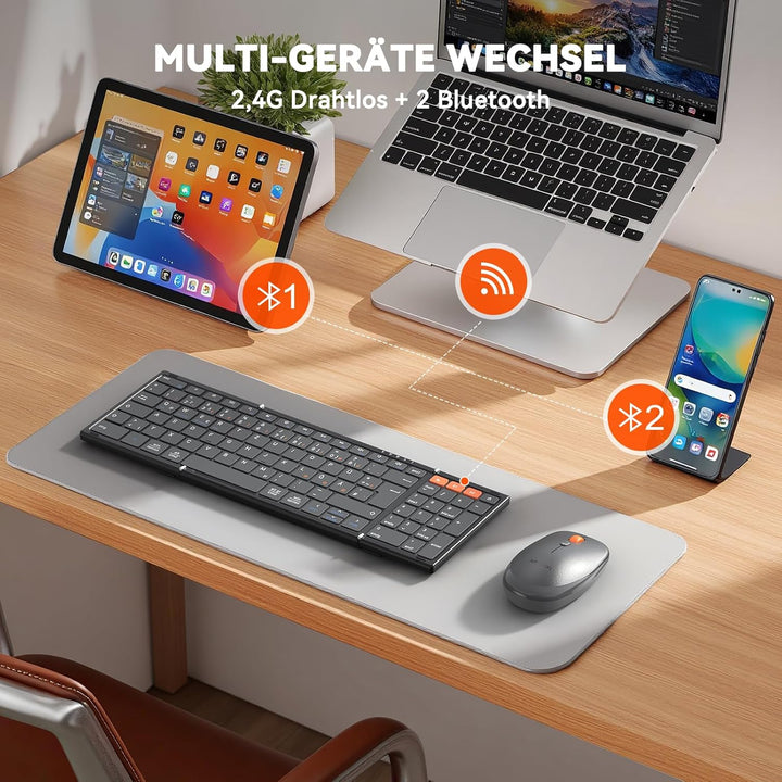 MEETION Faltbare Bluetooth Tastatur Maus Set Kabellose, QWERTZ Deutsches Layout Falten Funktastatur