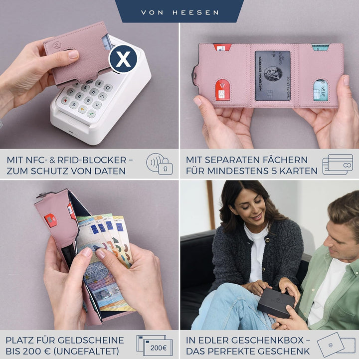 VON HEESEN Slim Wallet mit Münzfach &amp; RFID Schutz - Geldbörse Herren klein - Mini Geldbeutel Damen P