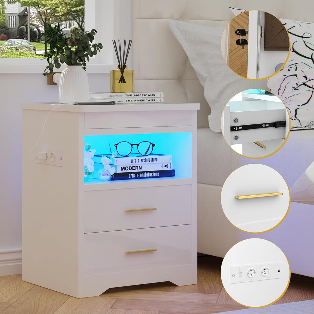 PIPIPOXER Nachttisch mit Steckdose & USB & abschliessbar, Nachttisch Weiss mit LED Nachtkommode mit