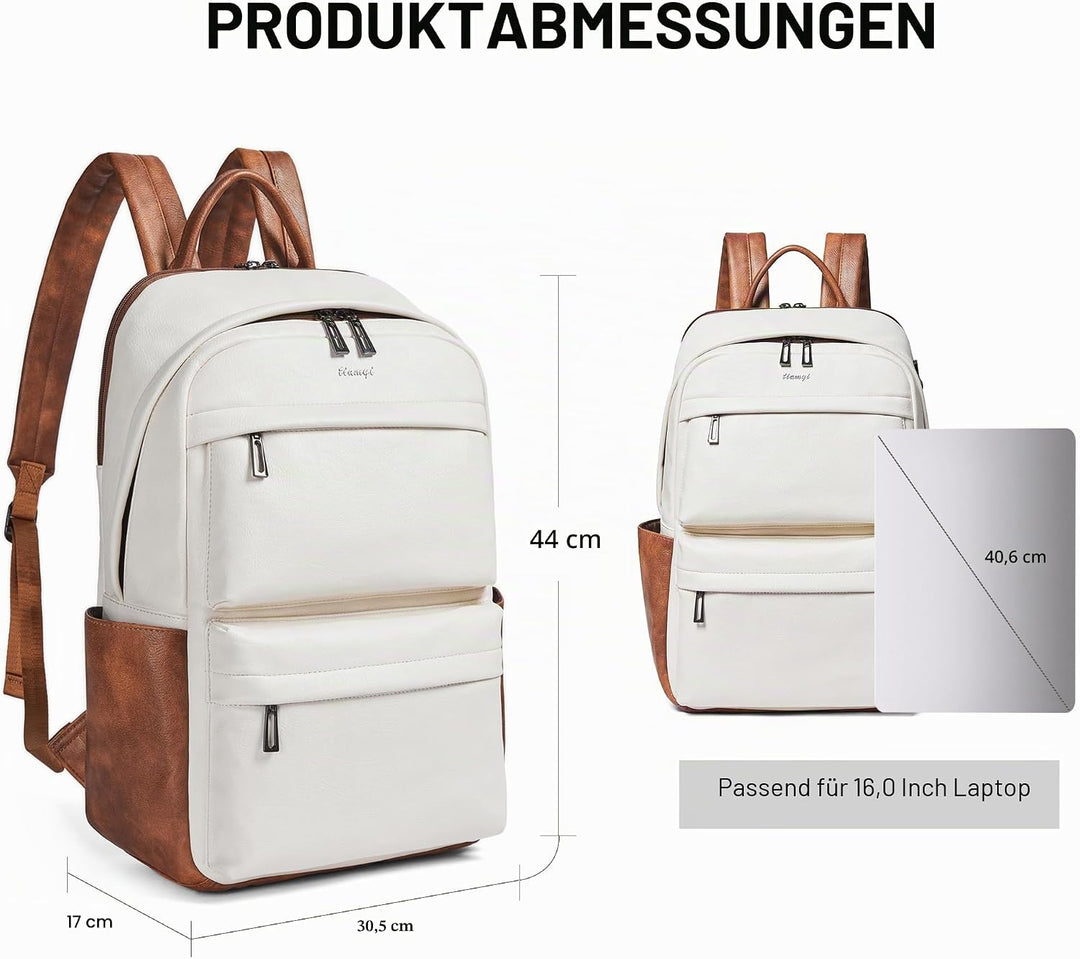 Veganer Lederrucksack für Damen und Herren, passend für 16,0 Zoll Laptop, Design mit vielen Fächern,