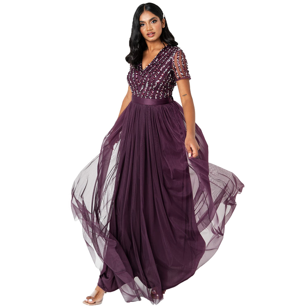 Maya Deluxe Damen Ballkleid Abendkleid V-Ausschnitt Maxi Länge Pailletten Kurze Ärmel für Hochzeit G