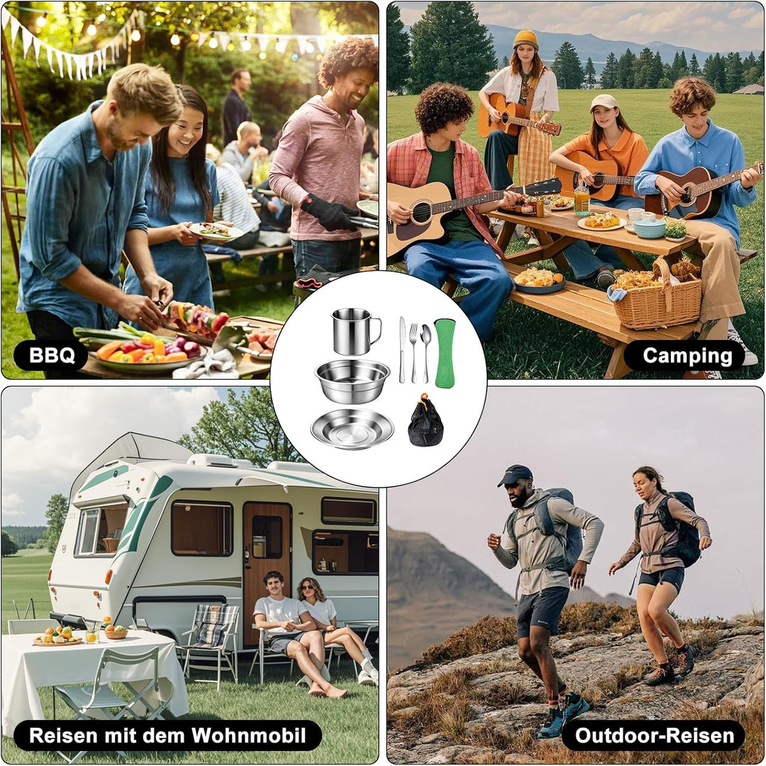 Campingbesteck Set 1 Person, Camping Geschirr Set Edelstahl mit Schalen Teller Tassen Gabeln Löffel