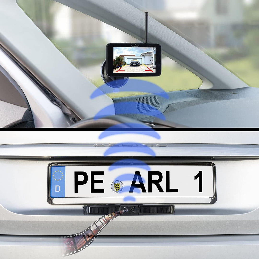 Lescars Auto Kamera: Solar-Funk-Front- und Rückfahrkamera mit Full HD und 5" Monitor (Funk Rückfahrk