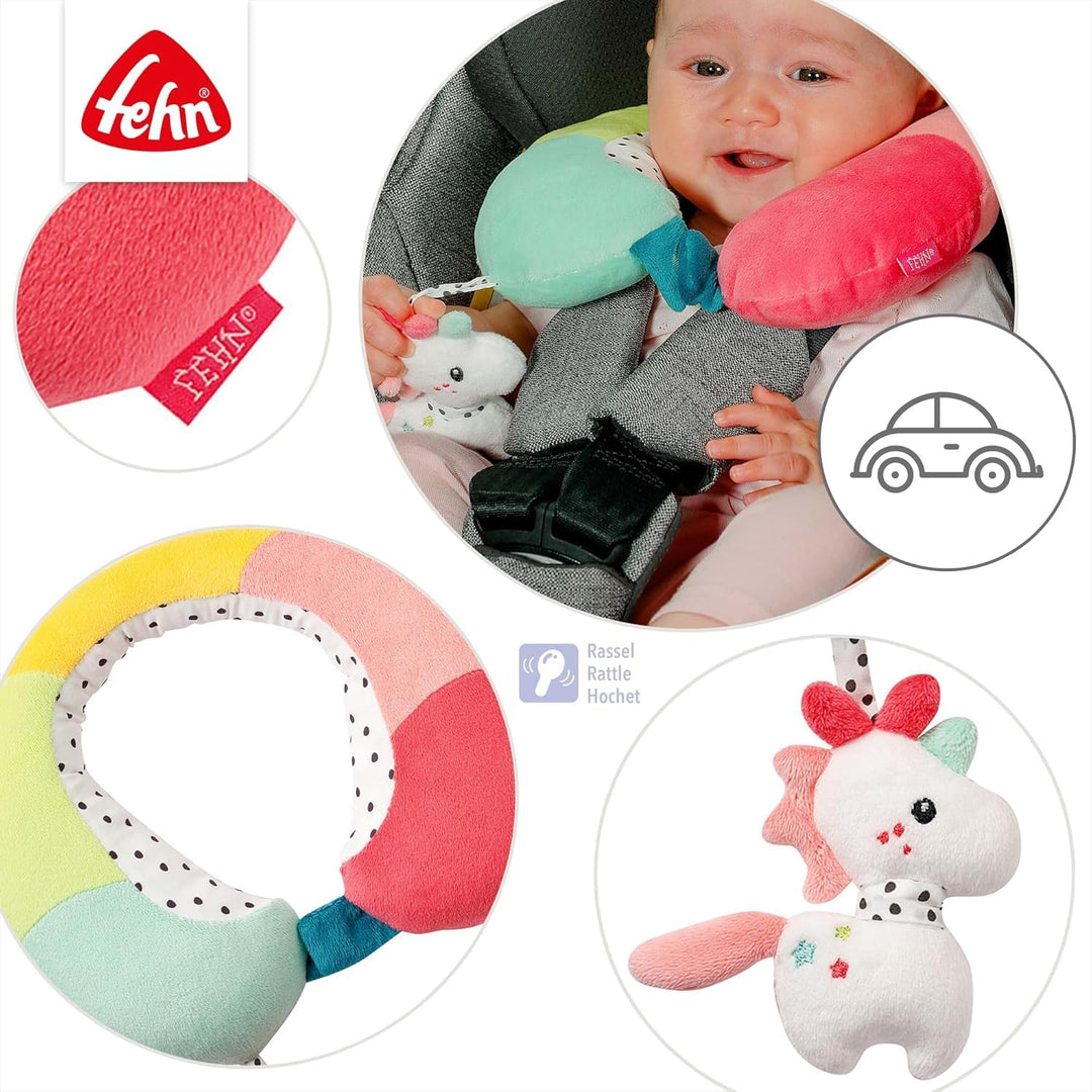 Fehn Nackenstütze Einhorn – Nackenkissen mit kleinem Rassel-Tier – Ergonomische Form des Nackenhörnc