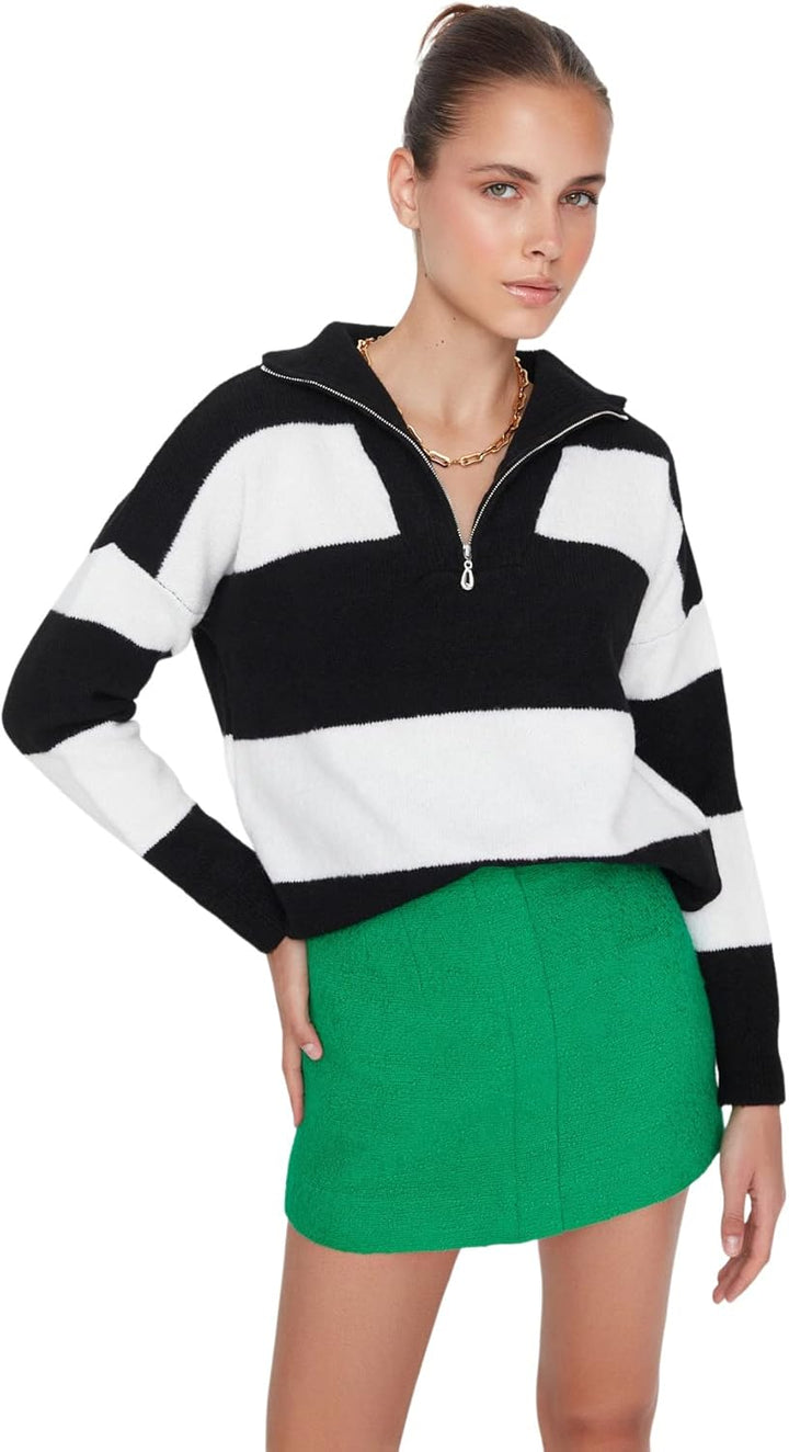 Trendyol Damen Stehkragen gestreift Oversize Sweater Sweatshirt, Schwarz, L
