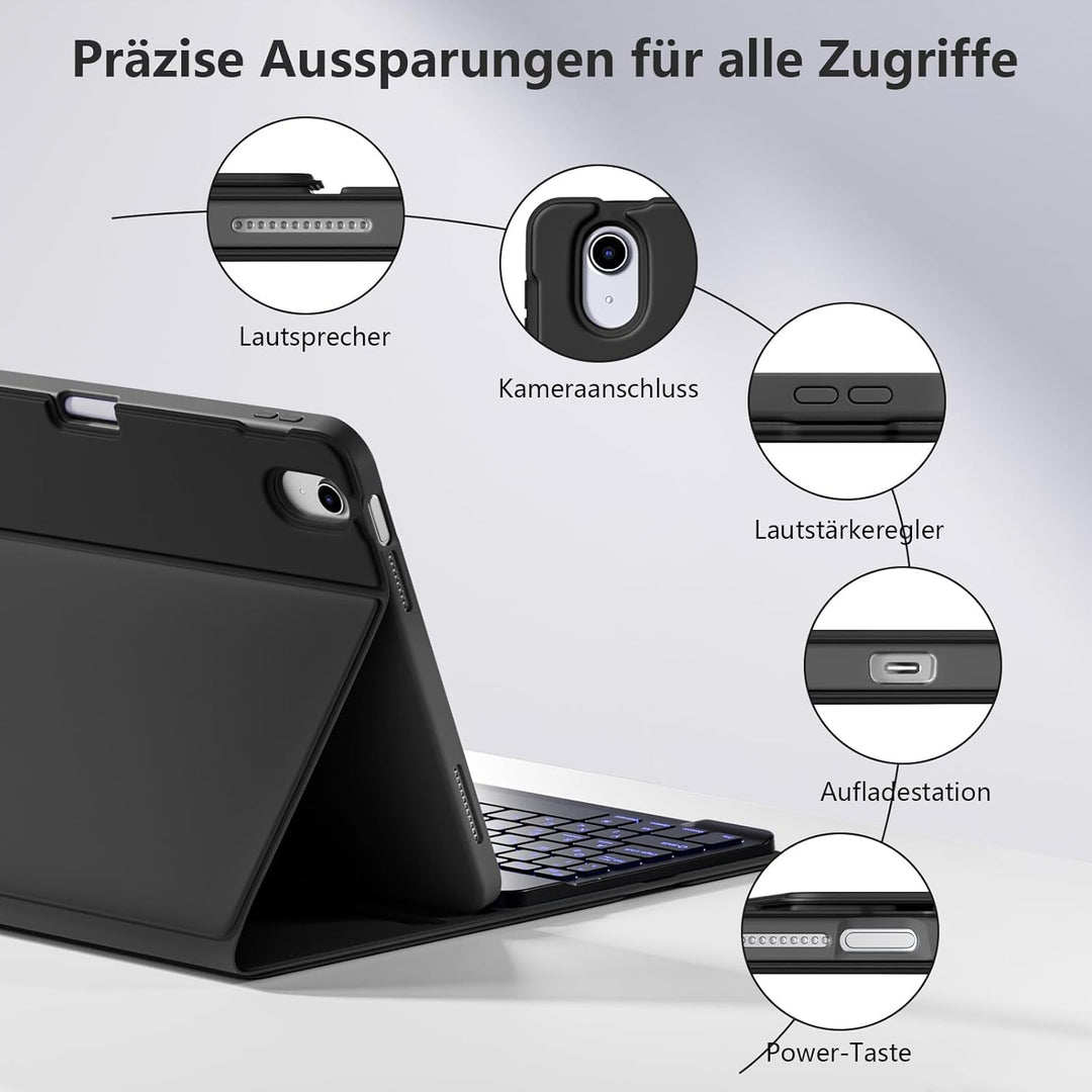 drivego Hülle mit Tastatur für iPad 10 Generation 10.9 Zoll 2022, 7-Farbige Beleuchtete, Magnetische