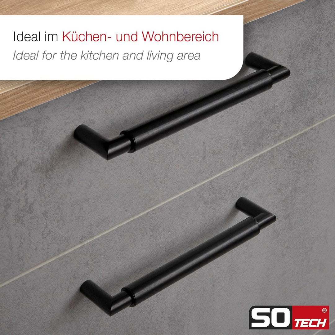 10 x SO-TECH® Möbelgriff Schubladengriff E9 echt Edelstahl schwarz matt BA 128 mm/Ø 16 mm mit Sockel