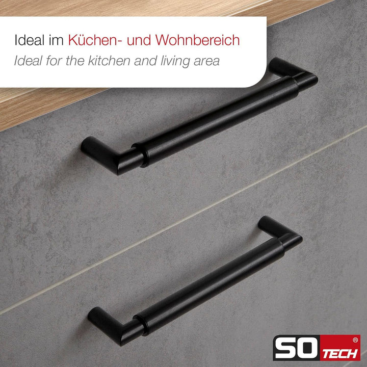 10 x SO-TECH® Möbelgriff Schubladengriff E9 echt Edelstahl schwarz matt BA 128 mm/Ø 16 mm mit Sockel