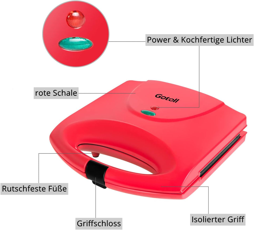 Gotoll Sandwichmaker, Sandwich- & Paninitoaster, Kontaktgrill mit rutschfesten Füssen, Toastplatte f