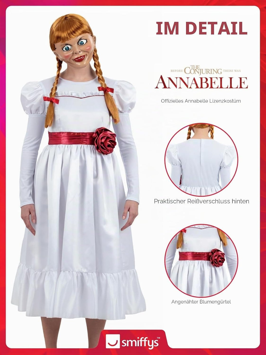 Smiffys Annabelle Kostüm für Erwachsene, Haunting White Dress with Flower Belt, Officially Licensed