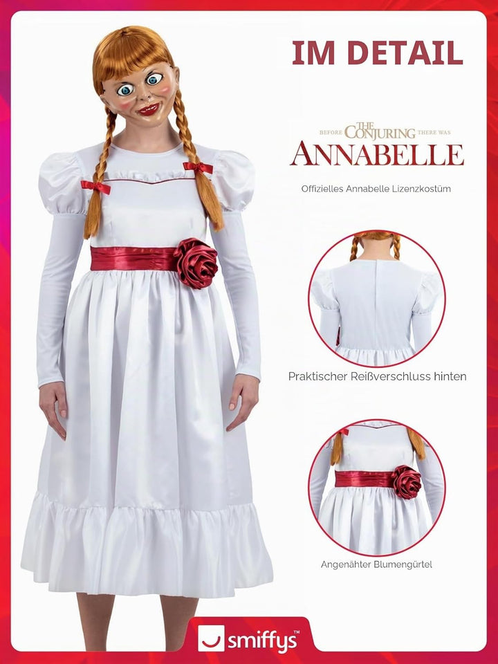 Smiffys Annabelle Kostüm für Erwachsene, Haunting White Dress with Flower Belt, Officially Licensed