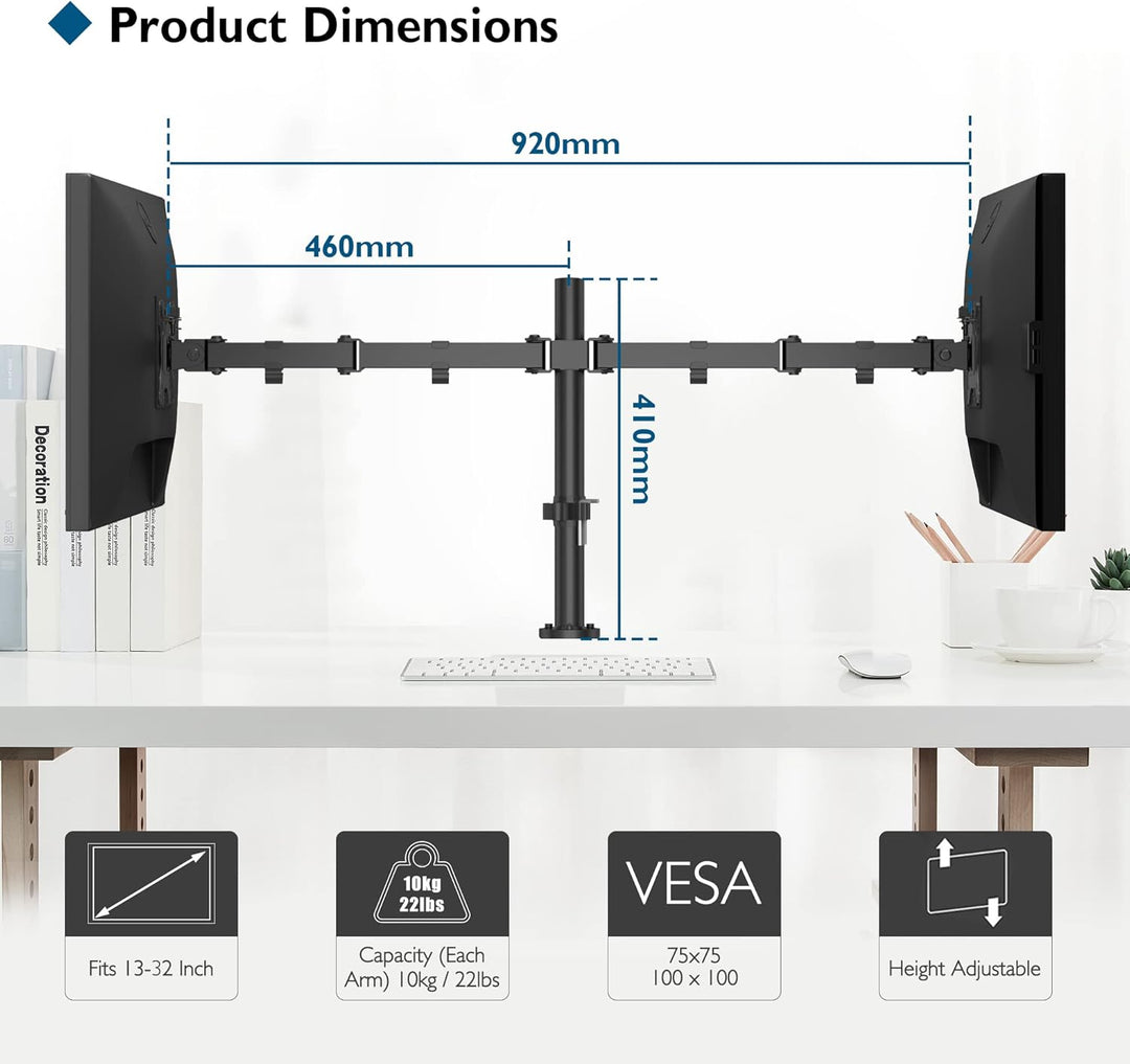 BONTEC PC-Monitorhalterung für 2 Monitore von 13 – 32 Zoll, PC-Monitorarm höhenverstellbar, drehbar
