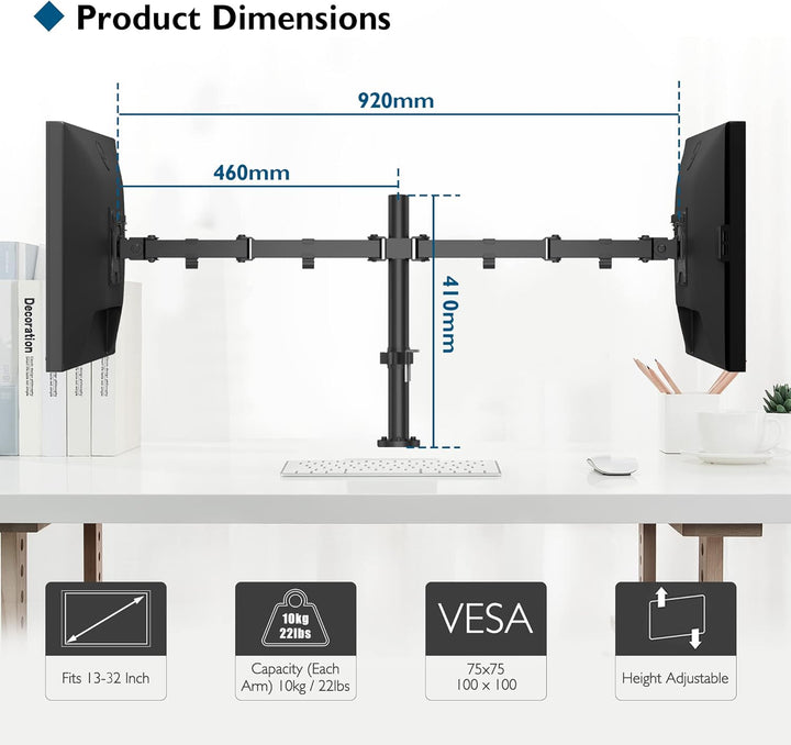 BONTEC PC-Monitorhalterung für 2 Monitore von 13 – 32 Zoll, PC-Monitorarm höhenverstellbar, drehbar