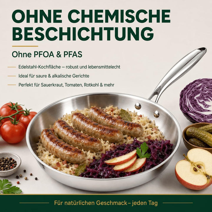 Edelstahlpfanne 28 cm mit Deckel, 5-Schicht Bratpfanne Unbeschichtet, Gleichmässige Wärmeverteilung,