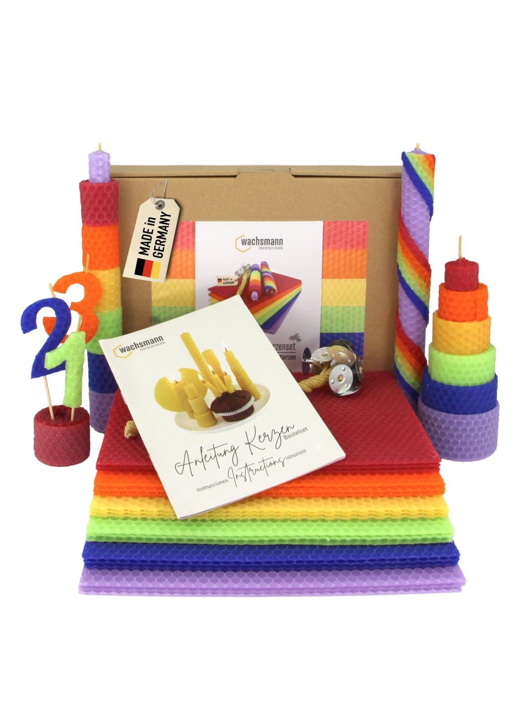 Wachsmann Kerzen Bastelset „Rainbow“, 100% Bienenwachs aus Deutschland – 18 farbige Wachsplatten (20