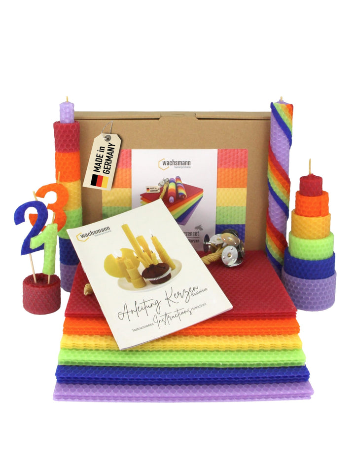 Wachsmann Kerzen Bastelset „Rainbow“, 100% Bienenwachs aus Deutschland – 18 farbige Wachsplatten (20