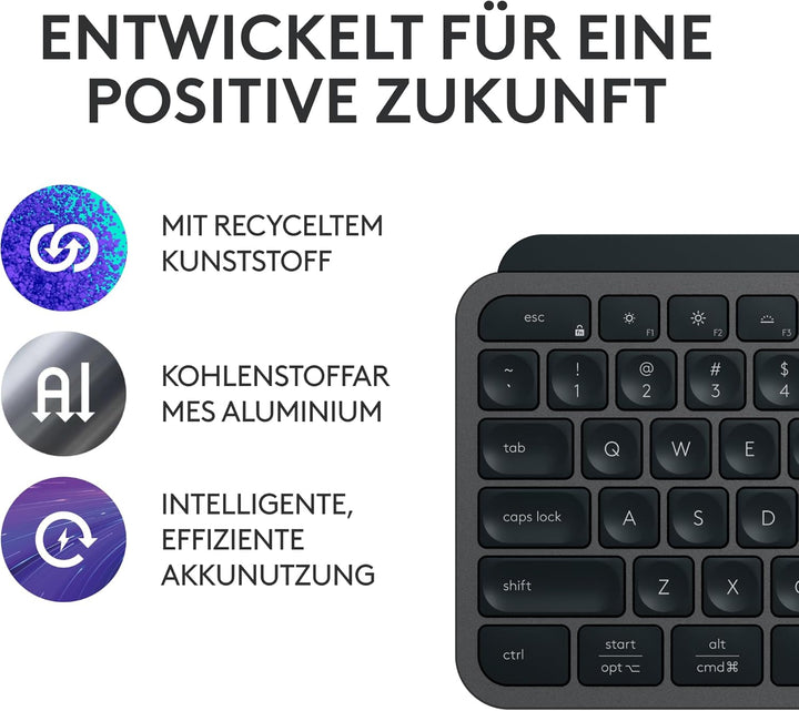 Logitech MX Keys S Plus kabellose Tastatur, Low Profile, Fluid Quiet Typing, Programmable, Backlight