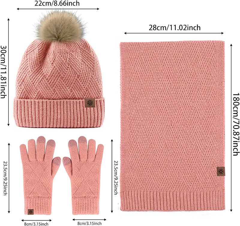 Damen Bommelmütze Schals Handschuhe Set Thermo Winter Warm Strickmütze Halswärmer und Touchscreen Ha