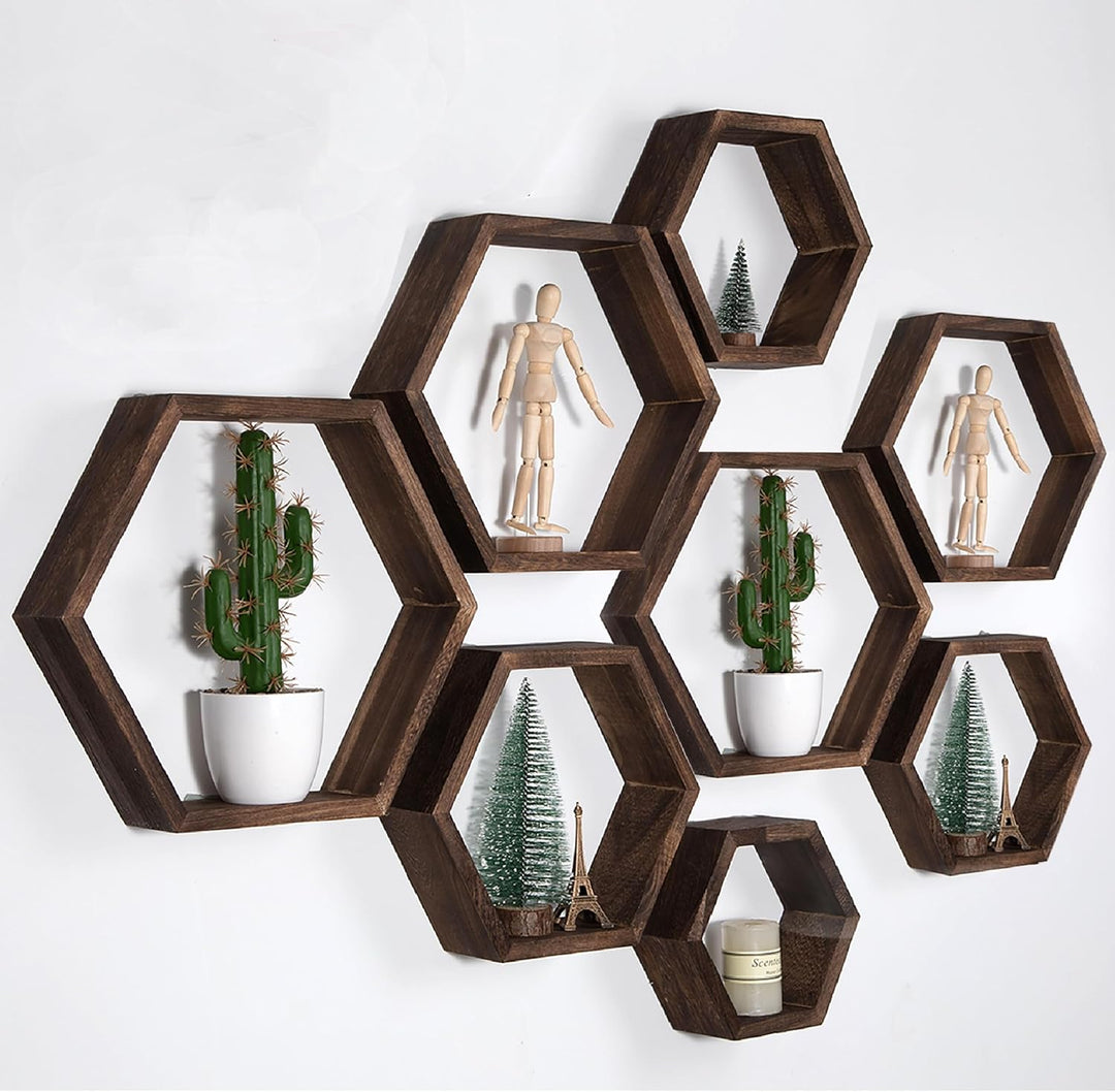 Sechseckige Wandregale Wabenförmige Regale 8er-Set Wandmontierte Holzregale im Landhausstil Wand-Auf